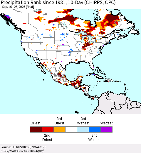North America Precipitation Rank since 1981, 10-Day (CHIRPS) Thematic Map For 9/16/2023 - 9/25/2023