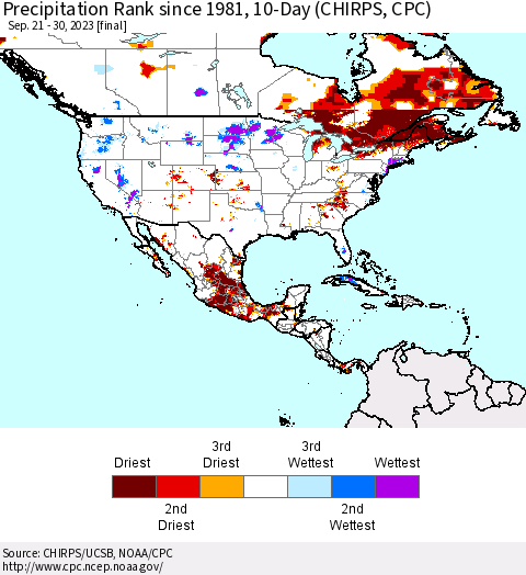 North America Precipitation Rank since 1981, 10-Day (CHIRPS) Thematic Map For 9/21/2023 - 9/30/2023