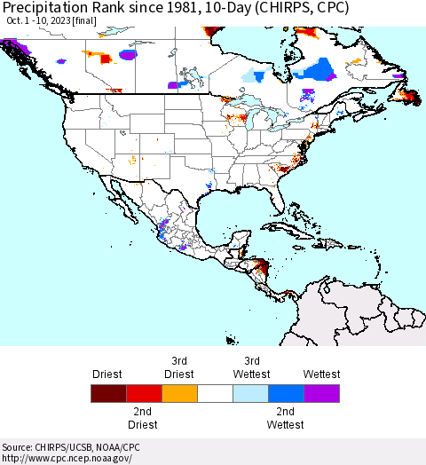 North America Precipitation Rank since 1981, 10-Day (CHIRPS) Thematic Map For 10/1/2023 - 10/10/2023