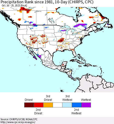 North America Precipitation Rank since 1981, 10-Day (CHIRPS) Thematic Map For 10/16/2023 - 10/25/2023