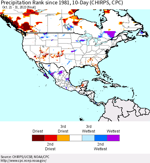 North America Precipitation Rank since 1981, 10-Day (CHIRPS) Thematic Map For 10/21/2023 - 10/31/2023
