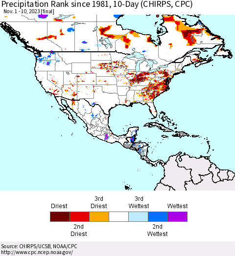 North America Precipitation Rank since 1981, 10-Day (CHIRPS) Thematic Map For 11/1/2023 - 11/10/2023