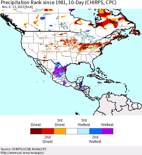 North America Precipitation Rank since 1981, 10-Day (CHIRPS) Thematic Map For 11/6/2023 - 11/15/2023