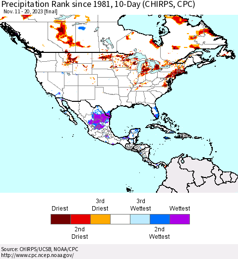 North America Precipitation Rank since 1981, 10-Day (CHIRPS) Thematic Map For 11/11/2023 - 11/20/2023