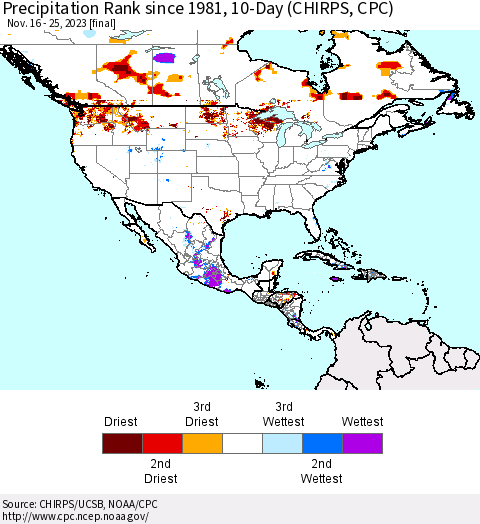 North America Precipitation Rank since 1981, 10-Day (CHIRPS) Thematic Map For 11/16/2023 - 11/25/2023