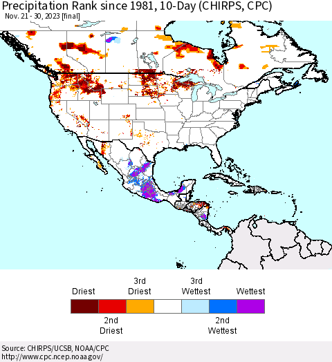 North America Precipitation Rank since 1981, 10-Day (CHIRPS) Thematic Map For 11/21/2023 - 11/30/2023