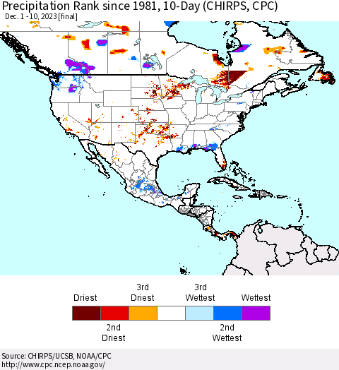 North America Precipitation Rank since 1981, 10-Day (CHIRPS) Thematic Map For 12/1/2023 - 12/10/2023