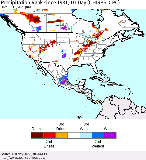 North America Precipitation Rank since 1981, 10-Day (CHIRPS) Thematic Map For 12/6/2023 - 12/15/2023