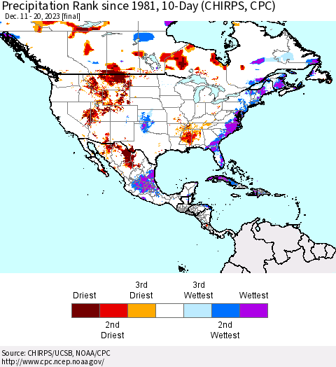 North America Precipitation Rank since 1981, 10-Day (CHIRPS) Thematic Map For 12/11/2023 - 12/20/2023