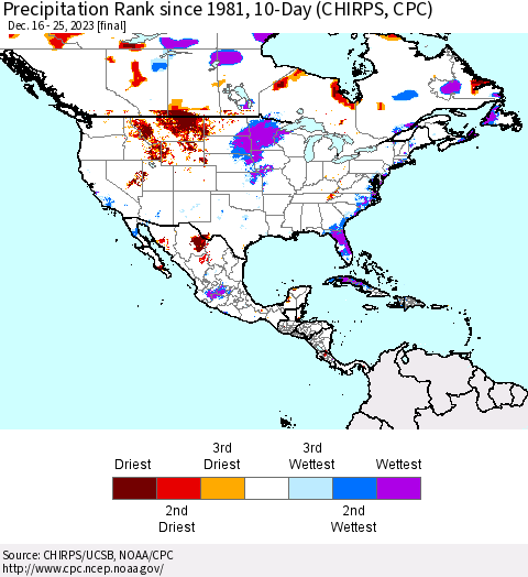 North America Precipitation Rank since 1981, 10-Day (CHIRPS) Thematic Map For 12/16/2023 - 12/25/2023