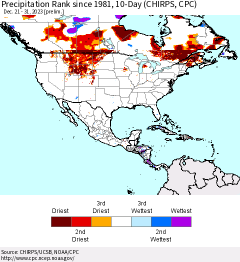 North America Precipitation Rank since 1981, 10-Day (CHIRPS) Thematic Map For 12/21/2023 - 12/31/2023