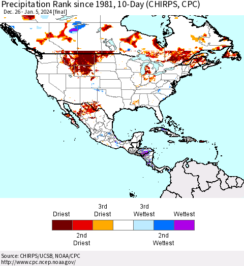 North America Precipitation Rank since 1981, 10-Day (CHIRPS) Thematic Map For 12/26/2023 - 1/5/2024