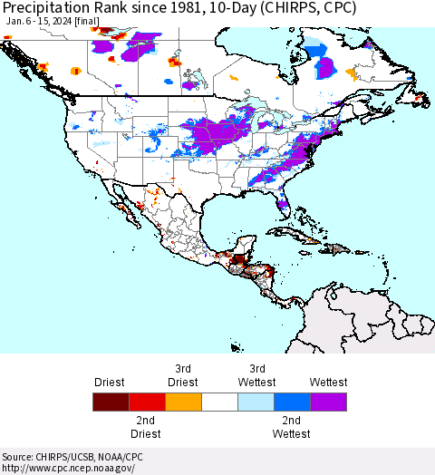 North America Precipitation Rank since 1981, 10-Day (CHIRPS) Thematic Map For 1/6/2024 - 1/15/2024