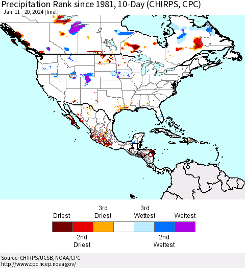 North America Precipitation Rank since 1981, 10-Day (CHIRPS) Thematic Map For 1/11/2024 - 1/20/2024