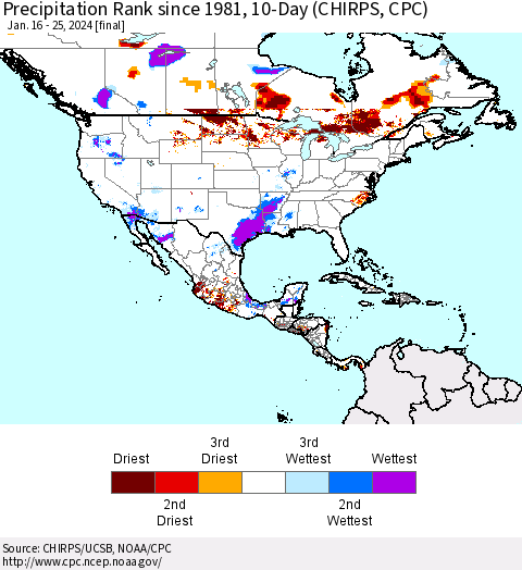 North America Precipitation Rank since 1981, 10-Day (CHIRPS) Thematic Map For 1/16/2024 - 1/25/2024