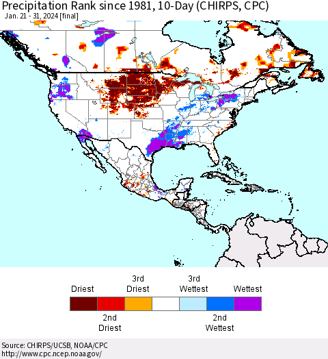 North America Precipitation Rank since 1981, 10-Day (CHIRPS) Thematic Map For 1/21/2024 - 1/31/2024