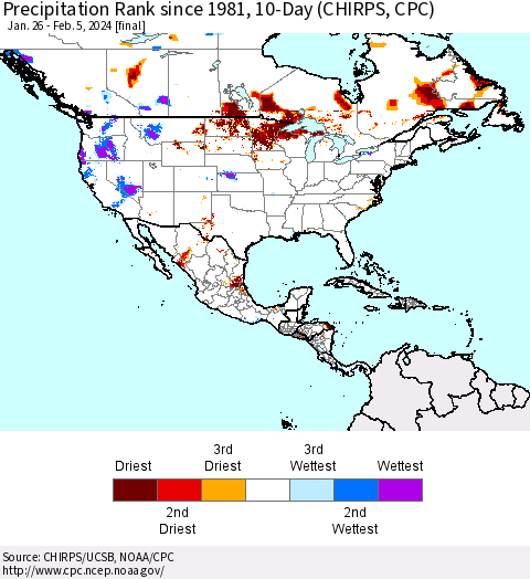 North America Precipitation Rank since 1981, 10-Day (CHIRPS) Thematic Map For 1/26/2024 - 2/5/2024