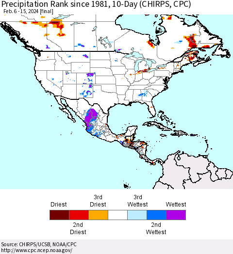 North America Precipitation Rank since 1981, 10-Day (CHIRPS) Thematic Map For 2/6/2024 - 2/15/2024