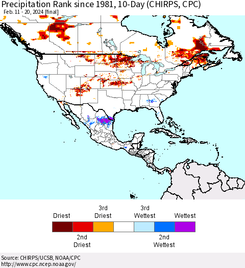 North America Precipitation Rank since 1981, 10-Day (CHIRPS) Thematic Map For 2/11/2024 - 2/20/2024