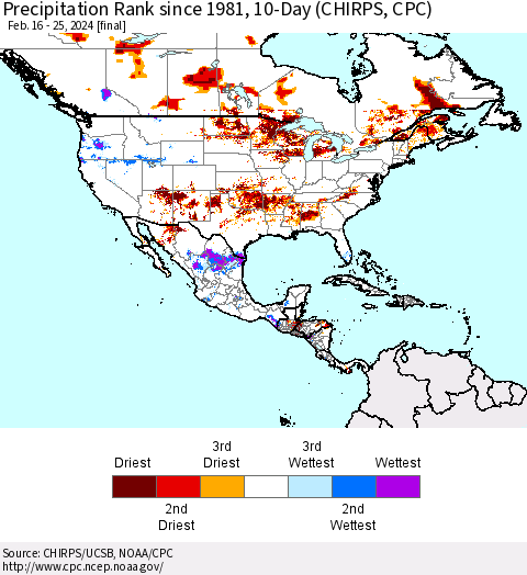 North America Precipitation Rank since 1981, 10-Day (CHIRPS) Thematic Map For 2/16/2024 - 2/25/2024