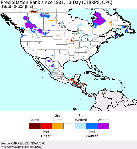 North America Precipitation Rank since 1981, 10-Day (CHIRPS) Thematic Map For 2/21/2024 - 2/29/2024