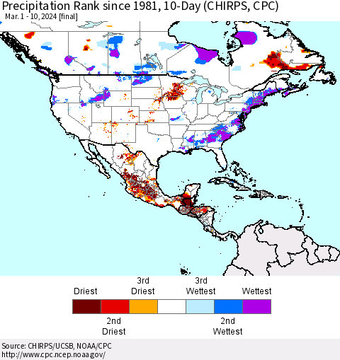 North America Precipitation Rank since 1981, 10-Day (CHIRPS) Thematic Map For 3/1/2024 - 3/10/2024