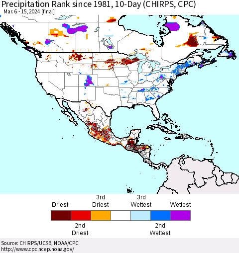 North America Precipitation Rank since 1981, 10-Day (CHIRPS) Thematic Map For 3/6/2024 - 3/15/2024