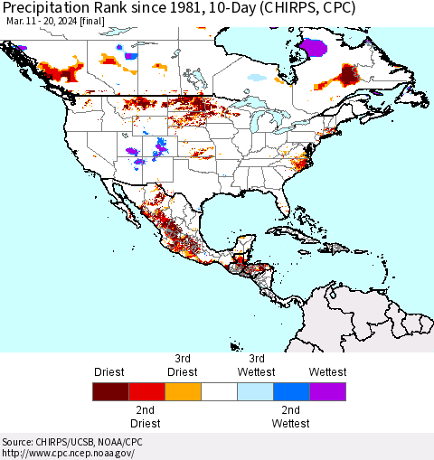 North America Precipitation Rank since 1981, 10-Day (CHIRPS) Thematic Map For 3/11/2024 - 3/20/2024