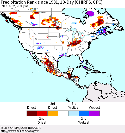 North America Precipitation Rank since 1981, 10-Day (CHIRPS) Thematic Map For 3/16/2024 - 3/25/2024