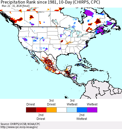 North America Precipitation Rank since 1981, 10-Day (CHIRPS) Thematic Map For 3/21/2024 - 3/31/2024