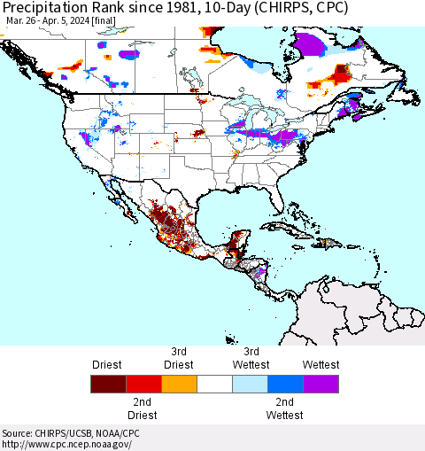 North America Precipitation Rank since 1981, 10-Day (CHIRPS) Thematic Map For 3/26/2024 - 4/5/2024
