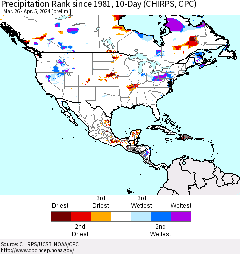 North America Precipitation Rank since 1981, 10-Day (CHIRPS) Thematic Map For 3/26/2024 - 4/5/2024