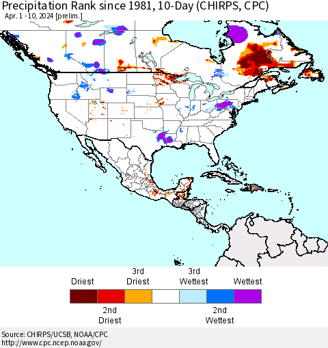 North America Precipitation Rank since 1981, 10-Day (CHIRPS) Thematic Map For 4/1/2024 - 4/10/2024