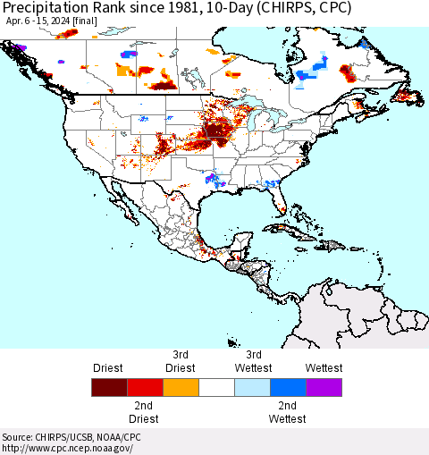 North America Precipitation Rank since 1981, 10-Day (CHIRPS) Thematic Map For 4/6/2024 - 4/15/2024