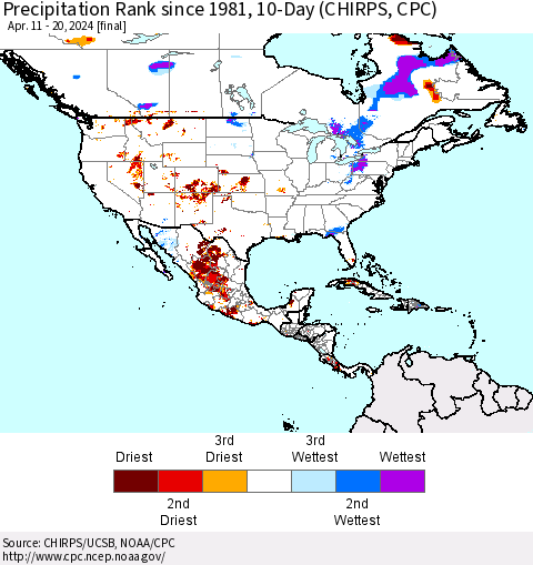 North America Precipitation Rank since 1981, 10-Day (CHIRPS) Thematic Map For 4/11/2024 - 4/20/2024
