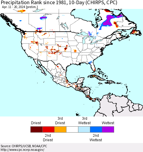 North America Precipitation Rank since 1981, 10-Day (CHIRPS) Thematic Map For 4/11/2024 - 4/20/2024