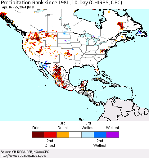 North America Precipitation Rank since 1981, 10-Day (CHIRPS) Thematic Map For 4/16/2024 - 4/25/2024