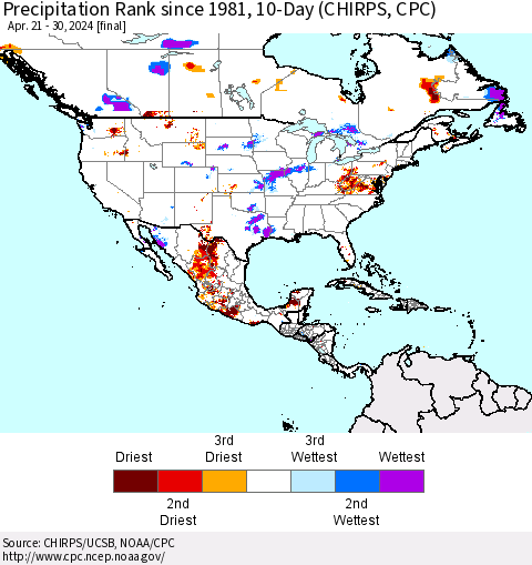North America Precipitation Rank since 1981, 10-Day (CHIRPS) Thematic Map For 4/21/2024 - 4/30/2024