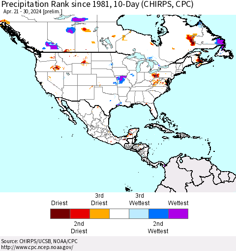 North America Precipitation Rank since 1981, 10-Day (CHIRPS) Thematic Map For 4/21/2024 - 4/30/2024