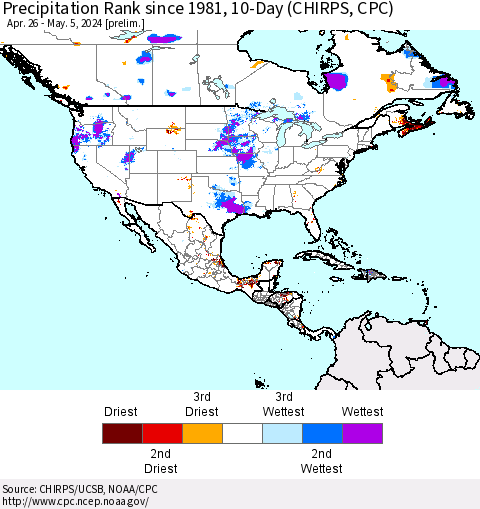 North America Precipitation Rank since 1981, 10-Day (CHIRPS) Thematic Map For 4/26/2024 - 5/5/2024