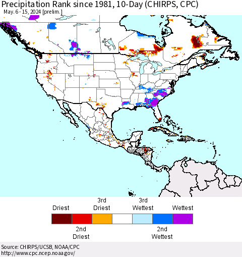 North America Precipitation Rank since 1981, 10-Day (CHIRPS) Thematic Map For 5/6/2024 - 5/15/2024