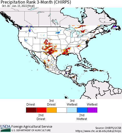 North America Precipitation Rank since 1981, 3-Month (CHIRPS) Thematic Map For 10/16/2021 - 1/15/2022