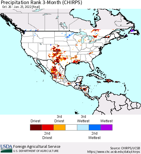 North America Precipitation Rank since 1981, 3-Month (CHIRPS) Thematic Map For 10/26/2021 - 1/25/2022