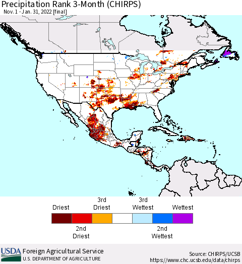 North America Precipitation Rank since 1981, 3-Month (CHIRPS) Thematic Map For 11/1/2021 - 1/31/2022