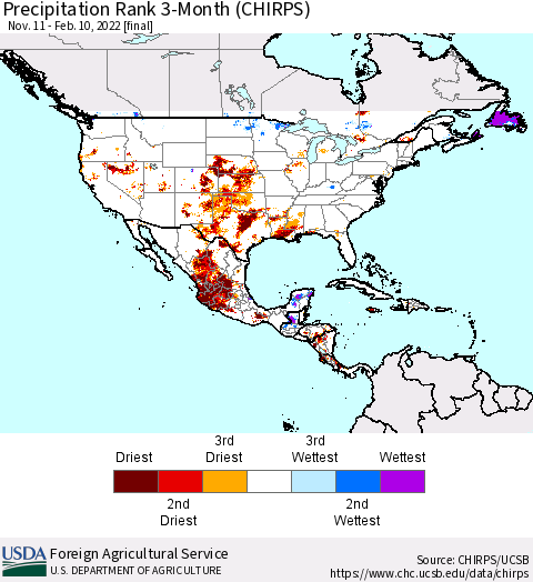 North America Precipitation Rank since 1981, 3-Month (CHIRPS) Thematic Map For 11/11/2021 - 2/10/2022