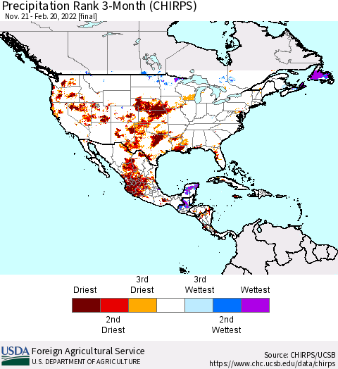 North America Precipitation Rank since 1981, 3-Month (CHIRPS) Thematic Map For 11/21/2021 - 2/20/2022