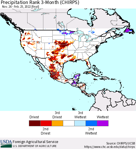 North America Precipitation Rank since 1981, 3-Month (CHIRPS) Thematic Map For 11/26/2021 - 2/25/2022