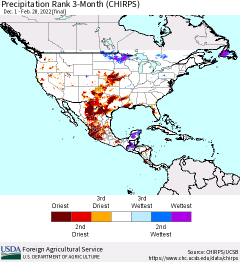 North America Precipitation Rank since 1981, 3-Month (CHIRPS) Thematic Map For 12/1/2021 - 2/28/2022