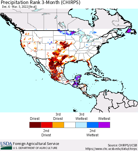 North America Precipitation Rank since 1981, 3-Month (CHIRPS) Thematic Map For 12/6/2021 - 3/5/2022