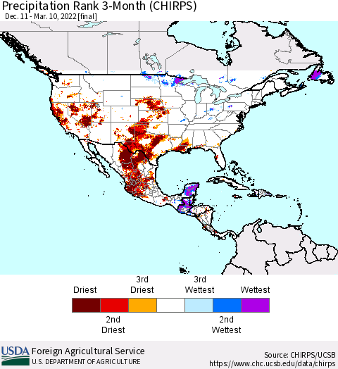 North America Precipitation Rank since 1981, 3-Month (CHIRPS) Thematic Map For 12/11/2021 - 3/10/2022